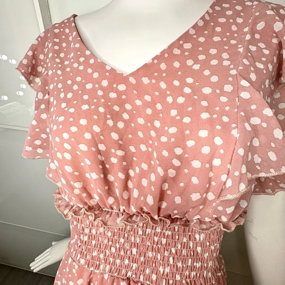 🎀 Coquette Romantic Dusty Rose Smocked Picnic Midi Dress Flutter Sleeve Sz M - Picture 6 of 7